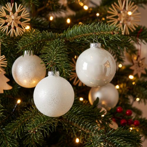 Palla di neve, ciondolo per albero, decorazione per albero di Natale, decorazione invernale bianca H6,5 cm Ø6 cm vero vetro 24 pezzi | Floristik24.it