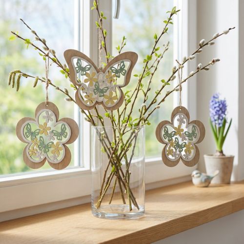 Farfalla da appendere, fiore pendente in legno, decoro primaverile con brillantini H11/14,5cm 4pz | Floristik24.it