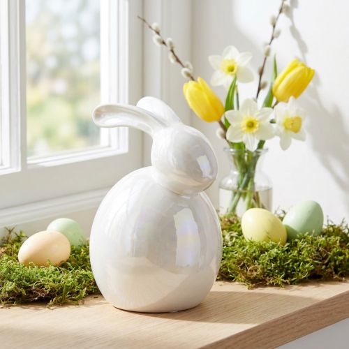Coniglietto in ceramica, figura pasquale, decoro primaverile, coniglietto pasquale bianco, madreperla H17cm | Floristik24.it