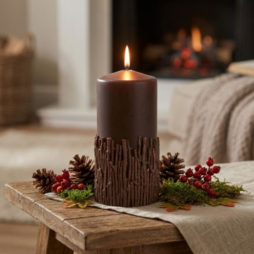 Candela a colonna con rami, decorativa, marrone scuro, 150/70 mm, effetto foresta | Floristik24.it