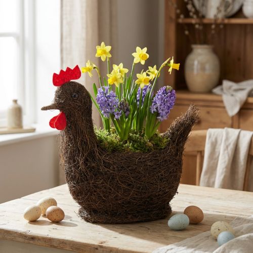 Prodotto Cestino decorativo pasquale con viticci e decorazione a forma di pollo, 36 cm