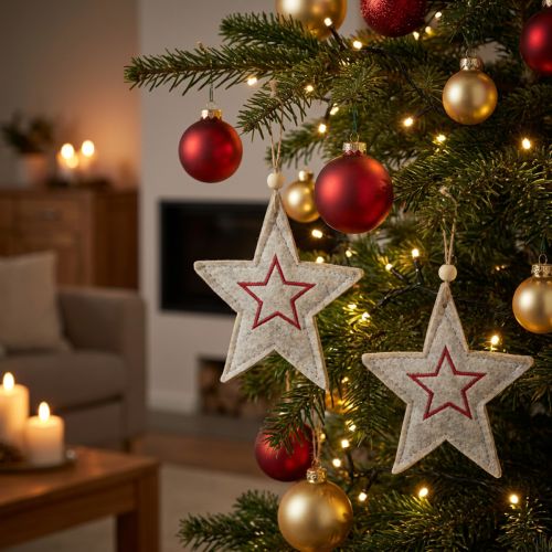 Decorazioni natalizie a forma di stella in feltro, beige e rosso, 13 cm, set da 6. | Floristik24.it