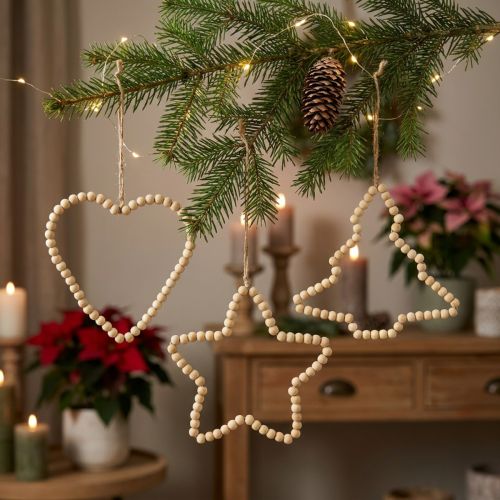 Perline di legno decorative natalizie cuore stella albero H16cm 3 pz | Floristik24.it