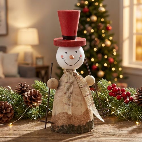 Pupazzo di neve figura decorativa in legno con cappello rosso naturale H20,5 cm | Floristik24.it