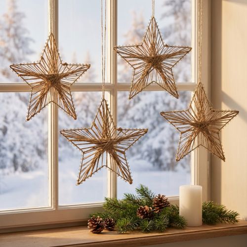 Stella con iuta da appendere Addobbo natalizio rustico 20cm 4pz | Floristik24.it