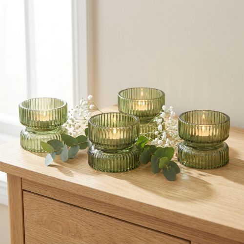 Portacandele in vetro, decorativi, scanalati, verdi, Ø9cm, H7cm, 4 pezzi | Floristik24.it