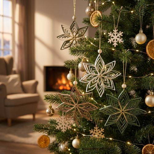 Decorazioni natalizie a forma di stella di carta da 10 cm, bianche, marroni e verdi, 6 pezzi | Floristik24.it