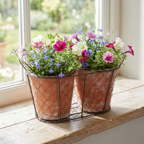 Vaso da fiori in ceramica con cestino in filo di terracotta marrone L38,5cm | Floristik24.it