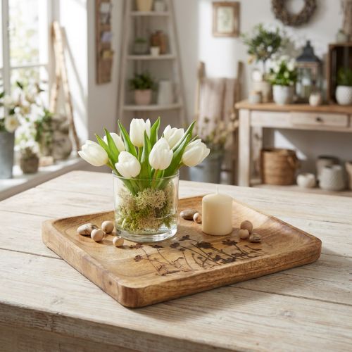 Vassoio decorativo in legno di mango con motivo floreale, dimensioni 25×20 cm. | Floristik24.it