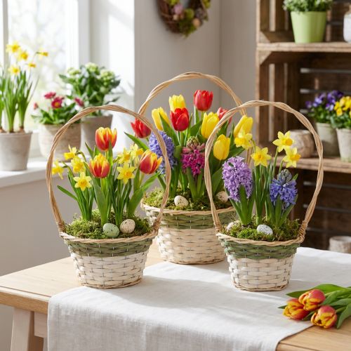 Cesto da fiori Henkel Naturale Verde Grigio Bianco Ø18–26cm Set di 3 | Floristik24.it
