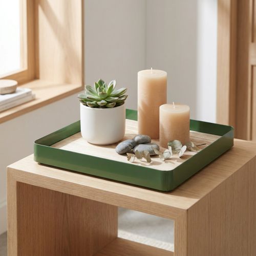 Vassoio decorativo in metallo quadrato con base in legno verde 25,5×25,5cm | Floristik24.it