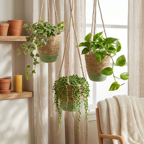 Prodotto Cesto di fiori sospeso, cesto naturale, fioriera da appendere, colori naturali, verde, Ø19/17/15cm, set da 3