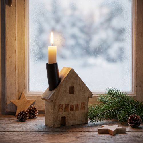 Portacandele decorativo a forma di casa in legno, nero, 10,5×3,5×13 cm | Floristik24.it