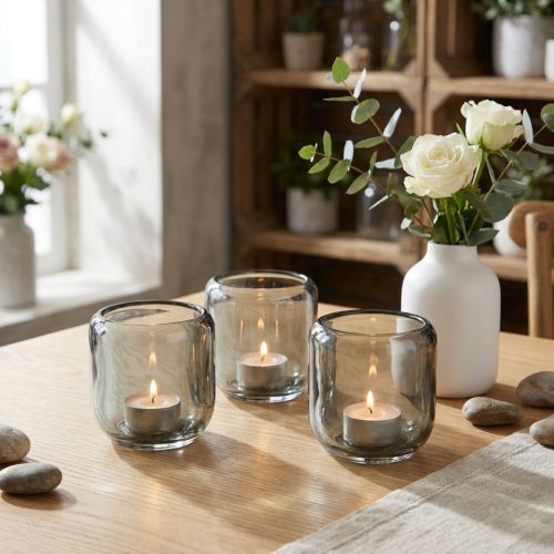 Portacandele in vetro grigio con motivo a coste, 8 cm, 6 pezzi | Floristik24.it