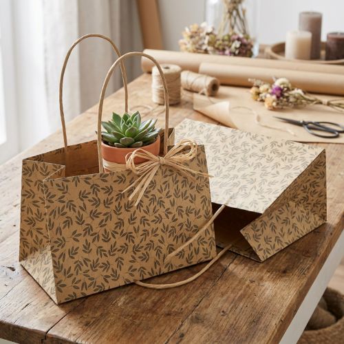 Sacchetto regalo in carta naturale con foglie marroni 20×10×10cm 6 pezzi | Floristik24.it