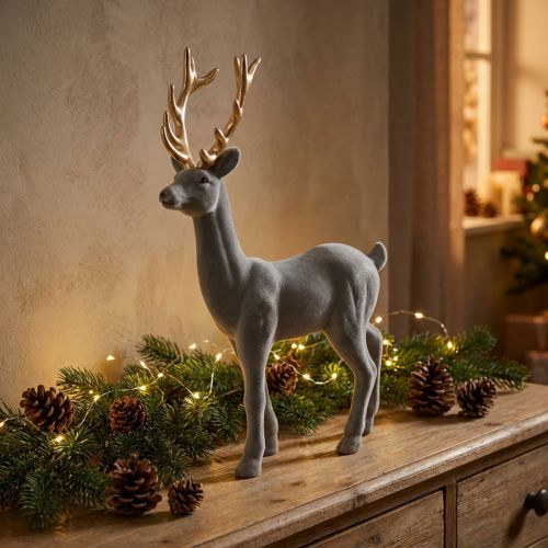 Cervo decorativo figura decorativa renna decorativa floccata grigia H37cm | Floristik24.it