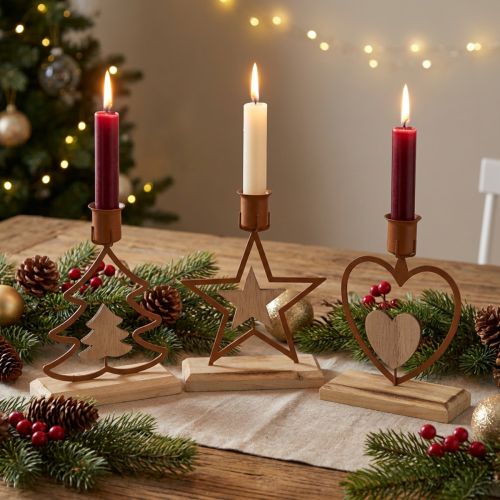 Candele candeliere stella cuore abete marrone H16,5 cm assortite 3 pezzi | Floristik24.it