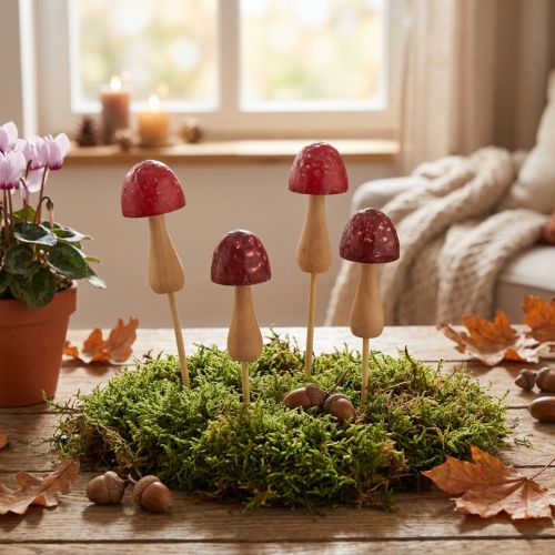 Paletti decorativi a forma di fiore e fungo, in legno, rossi, Ø2,5 cm, 8 pezzi | Floristik24.it