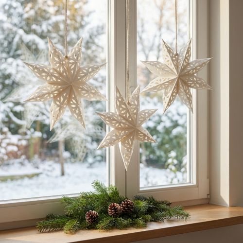 Ganci decorativi a forma di fiocco di neve a forma di stella, in carta bianca, Ø20 cm, set da 6 | Floristik24.it