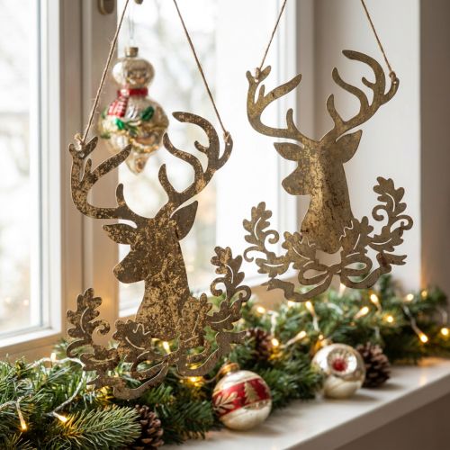 Cervo da appendere Metallo dorato aspetto antico A23 cm 2pz | Floristik24.it