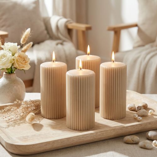 Candele a colonna, beige, scanalate, 70/130 mm, 4 pezzi | Floristik24.it