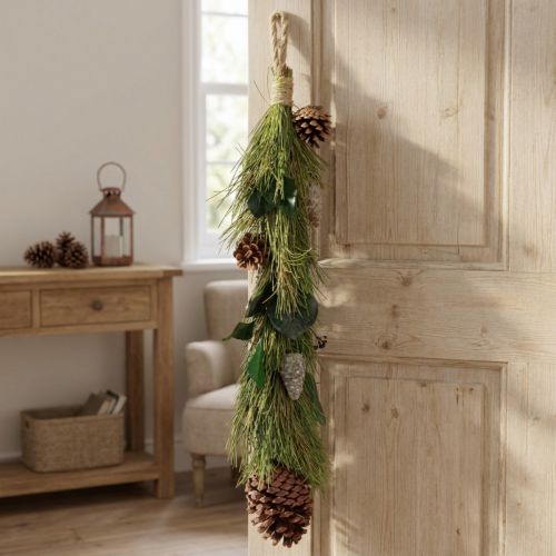 Decorazione natalizia sospesa con pigne di pino ed eucalipto L60cm, stile casa di campagna scandinava | Floristik24.it