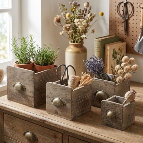 Cassettiera in legno con maniglie, finitura marrone slavato - contenitore rustico, set di 4 pezzi in varie dimensioni | Floristik24.it