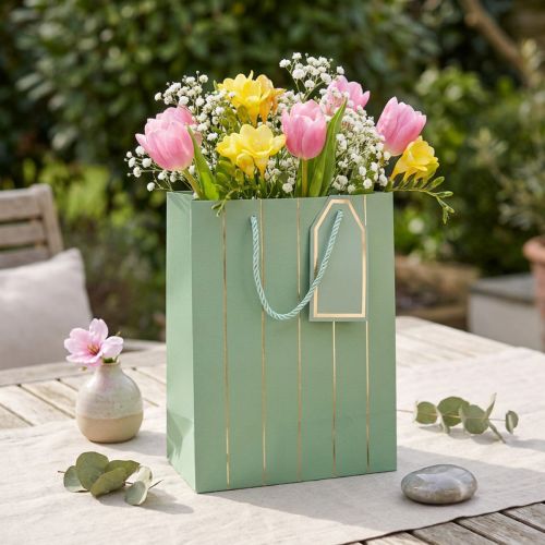 Busta regalo verde chiaro righe dorate 18×10×23 cm 1 pz | Floristik24.it