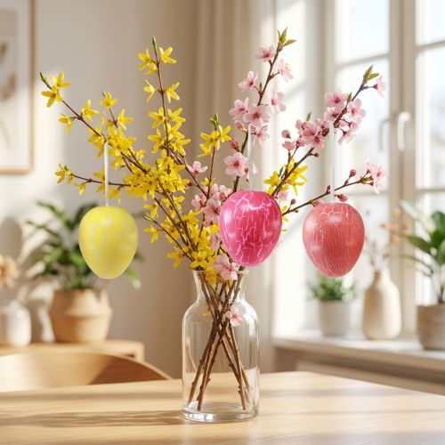 Appendino decorativo Uova di Pasqua craquelure giallo/rosa/rosso H11,5 cm 3 pz | Floristik24.it