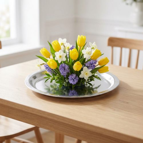 Piatto decorativo in metallo argento lucido Ø34cm H3cm | Floristik24.it