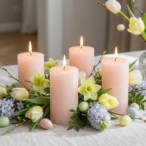 Candele a colonna, rosa chiaro tinta unita, 60×100 mm, set da 4, candele decorative per Pasqua e matrimoni | Floristik24.it