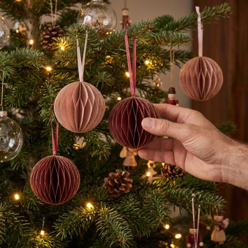 Palline a nido d'ape Natale bordeaux rosa Ø8cm 4 pezzi | Floristik24.it