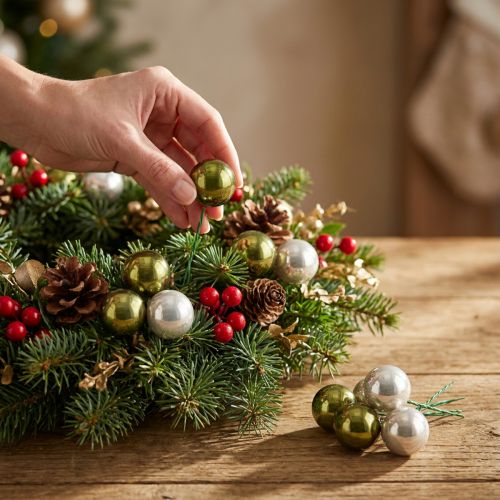 Pallina di Natale in vetro a specchio con bacche color oliva argento Ø40mm 32 pezzi | Floristik24.it