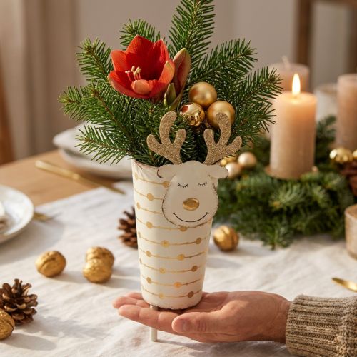 Vaso per piante di renne, decorazione dell'Avvento, decorazione in metallo, fioriera per Natale bianco, dorato H28cm Ø8.5cm | Floristik24.it