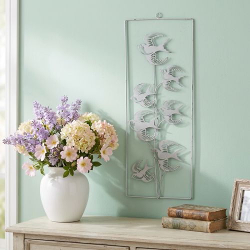 Decoro rondine, decorazione murale in metallo, uccellini bianchi da appendere, argento shabby chic H47,5 cm | Floristik24.it