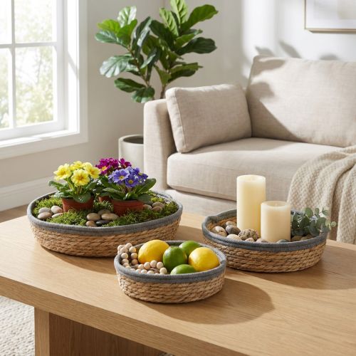 Set di vassoi rotondi a forma di cestino, ciotole per piante intrecciate naturali e vassoio decorativo, set da 3 pezzi Ø33/30/25 cm H8/7 cm | Floristik24.it
