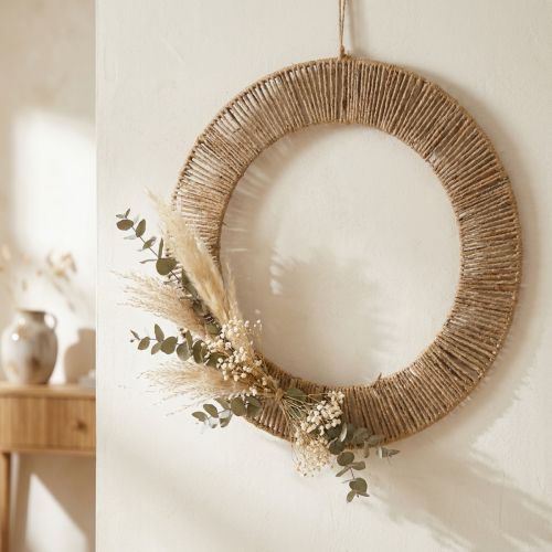 Decorazione murale estiva, stile boho, iuta e metallo, Ø49cm, decorazione da appendere, ghirlanda di fiori secchi, stile vintage | Floristik24.it