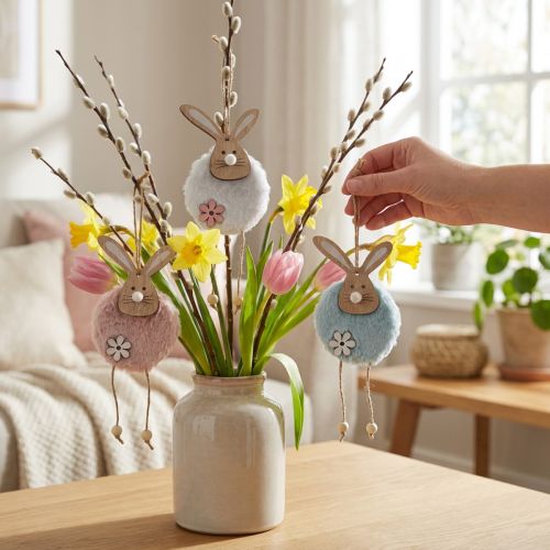 Appendiabiti decorativo coniglietti pasquali in legno peluche 26×7×2cm 6 pz | Floristik24.it