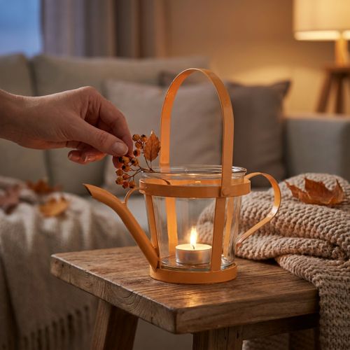 Annaffiatoio decorativo in vetro lanterna metallo arancione Ø14cm H13cm | Floristik24.it