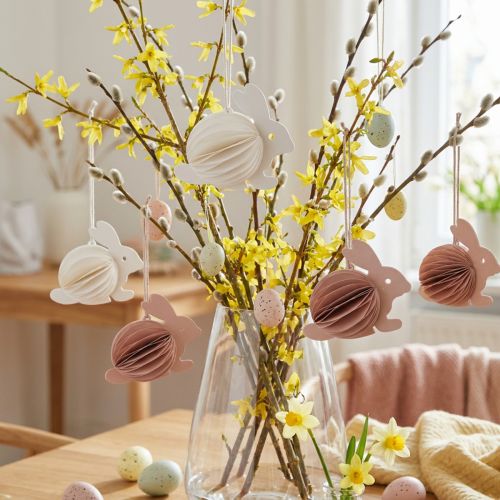 Coniglietti pasquali a nido d'ape da appendere, bianchi e arancioni, alti 8 cm, 5 pezzi | Floristik24.it