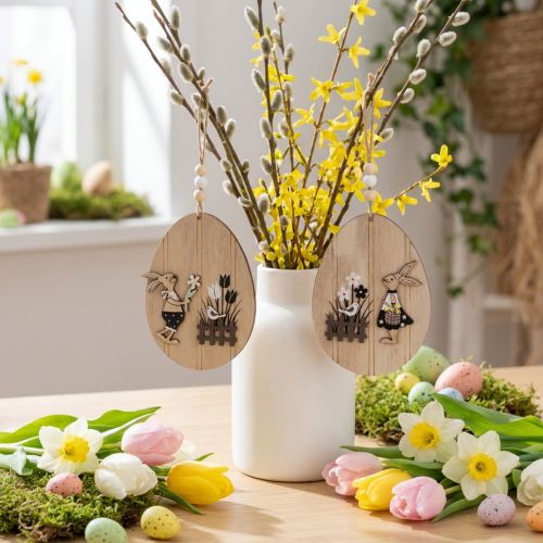 Prodotto Uova di Pasqua da appendere, uovo in legno con coniglietto, bianco naturale, 13 cm, 6 pezzi