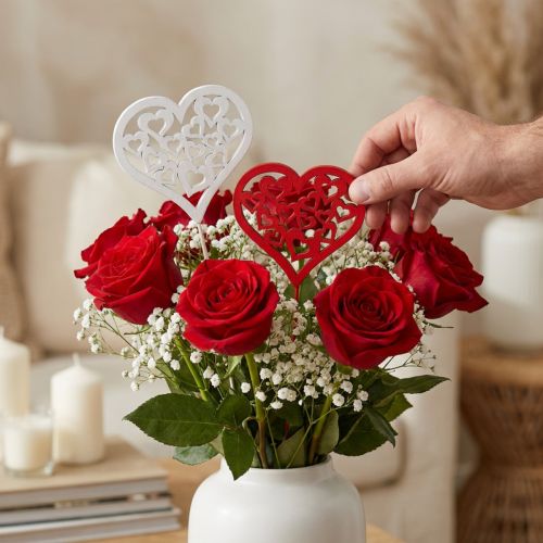 Spina fiore cuore rosso, spina decorativa bianca San Valentino 7cm 12pz | Floristik24.it