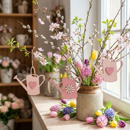 Decorazione da appendere annaffiatoio in legno deco gancio deco rosa 14x12cm 6 pezzi | Floristik24.it