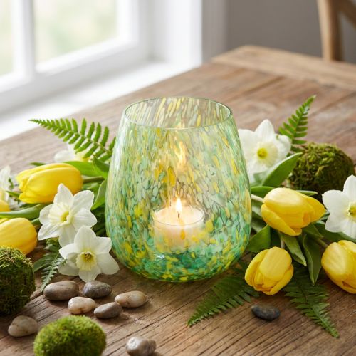 Portacandela in vetro decoro giallo verde Ø6,5 cm H10 cm | Floristik24.it