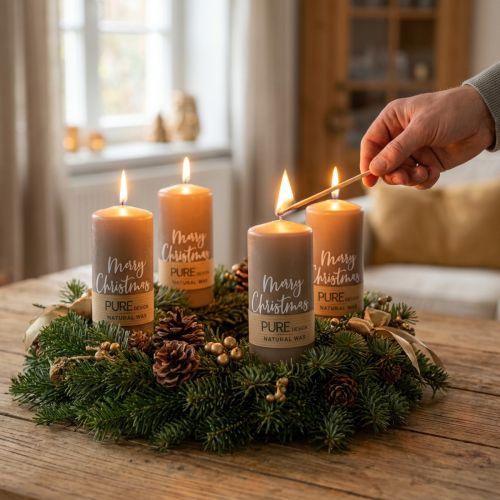 Candele dell'Avvento "Merry Christmas" - candele a colonna in cera naturale color marrone, set da 4, Ø60mm, altezza 130mm, marchio di qualità RAL, candele decorative natalizie | Floristik24.it