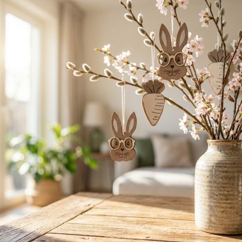 Ciondolo in legno coniglio con occhiali carota marrone beige 4×7,5cm 9pz | Floristik24.it