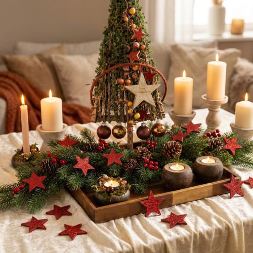 Stelle in legno stelle decorative rosse decorazione sparsa effetto lucido Ø5cm 12 pz | Floristik24.it