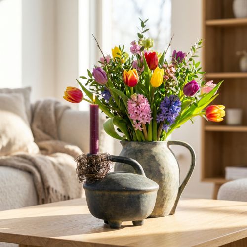 Vaso decorativo brocca in ceramica aspetto antico beige antracite 18 cm | Floristik24.it