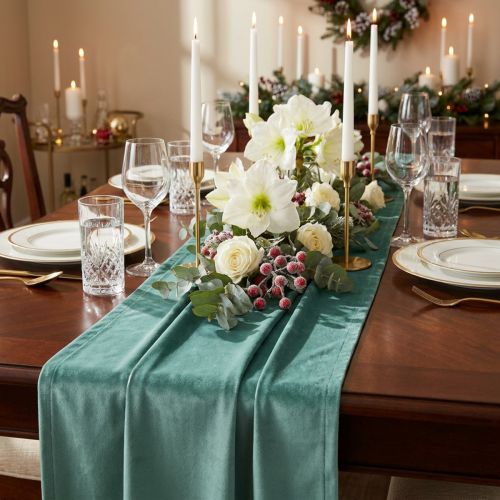 Prodotto Runner da tavolo in velluto verde turchese, tessuto decorativo 28×270 cm - Elegante runner da tavolo per la tua decorazione festiva