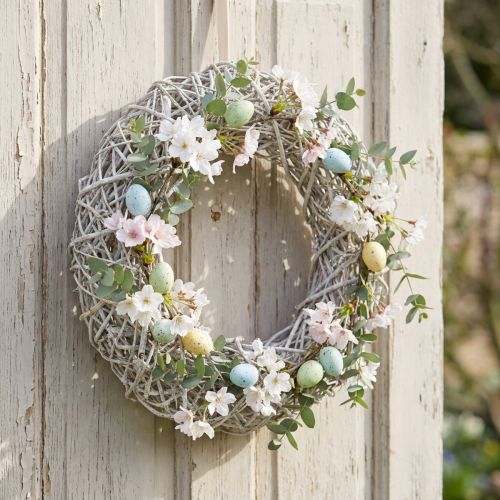 Ghirlanda decorativa, in legno e rattan, colore bianco naturale, Ø40cm, H9.5cm | Floristik24.it